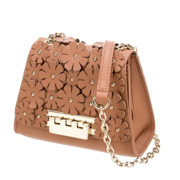 Zac Zac Posen Eartha Iconic Small Chain Flower Applique Camel Leather Cross Body - Picture 10 of 13